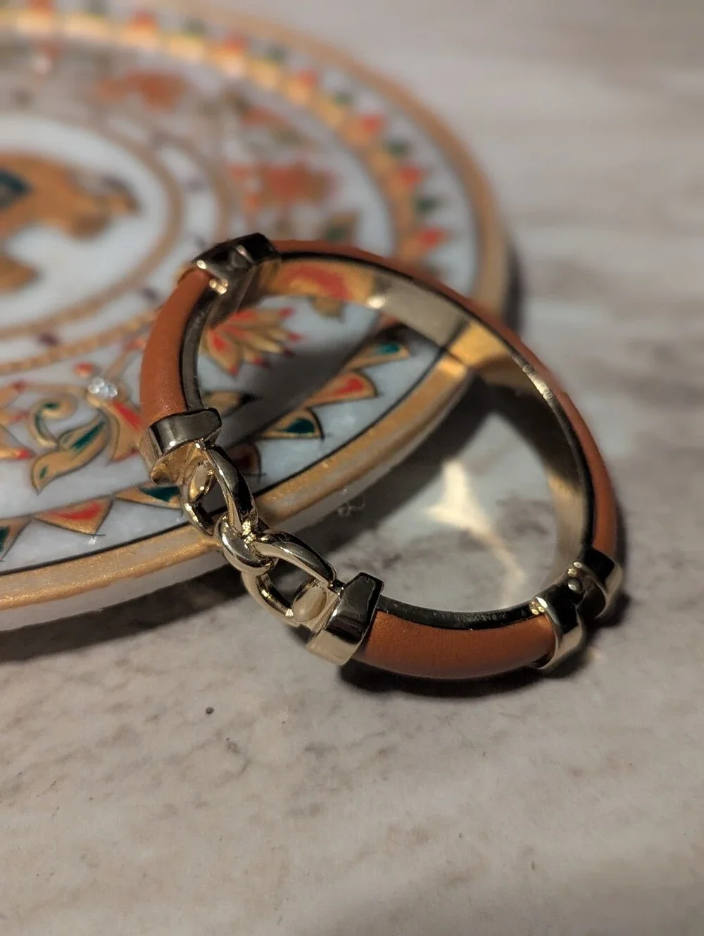 Vintage Heavy 63g Gold Leather Horsebit Cuff Bangle